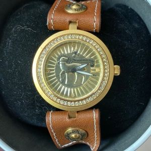 L.A.M.B. Gold CZ Coin dial watch cognac strap